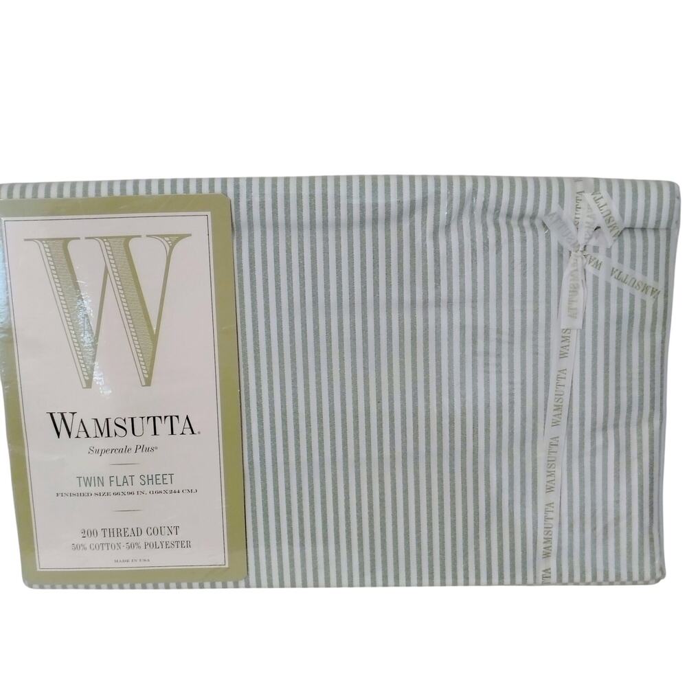 Wamsutta Supercale Plus Twin Flat Sheet Green Striped Cotton Blend NEW Old Stock